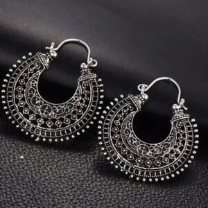 Silver Yoga Bollywood Filigree Crescent Earrings
